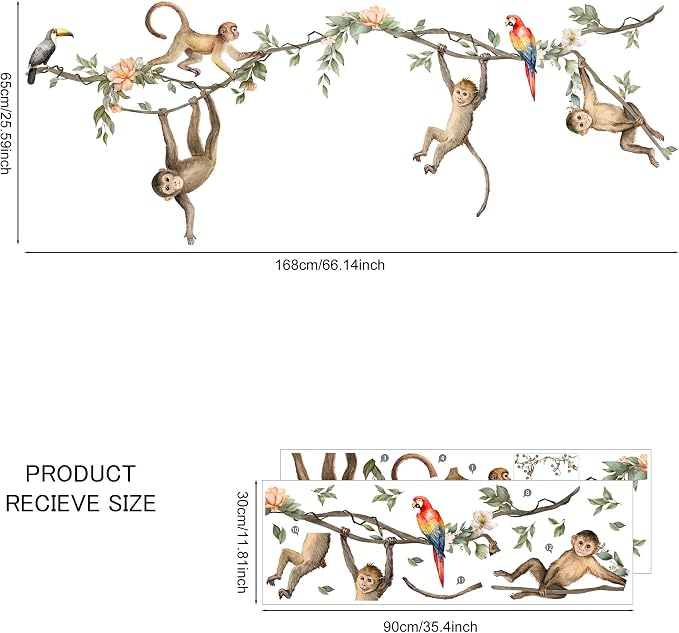 Jungle Monkey Wall Decals, Removable Jungle Animal Monkey Parrot Vine Wall Art Decor for Kids, Boys and Girls Room, Bedroom & Toddler Room Decor (Monkey Vine Wall Decals) - Image 2