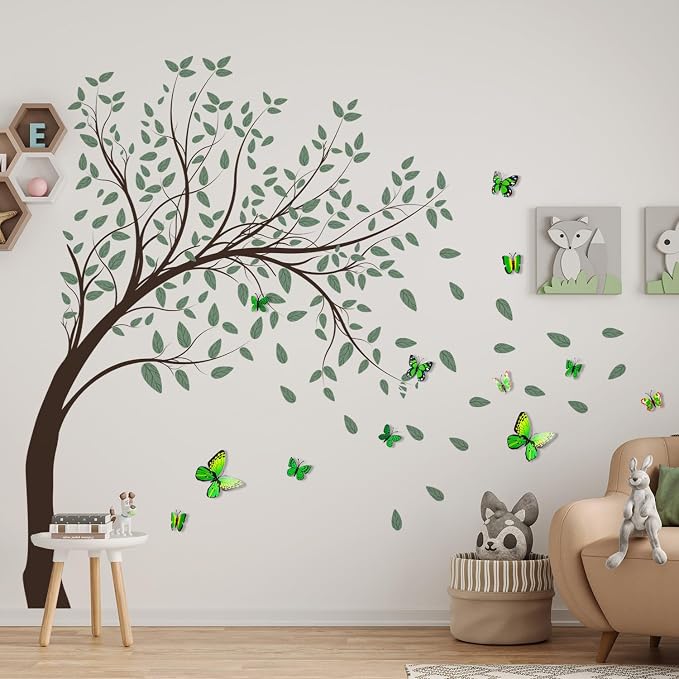 Large Green Tree Wall Decals 3D Green Butterfly Wall Stickers Peel and Stick Waterproof Wall Murals Decor for Living Room Bedroom Classroom (Green Butterfly, 11.8 * 35.4inch) - Image 7