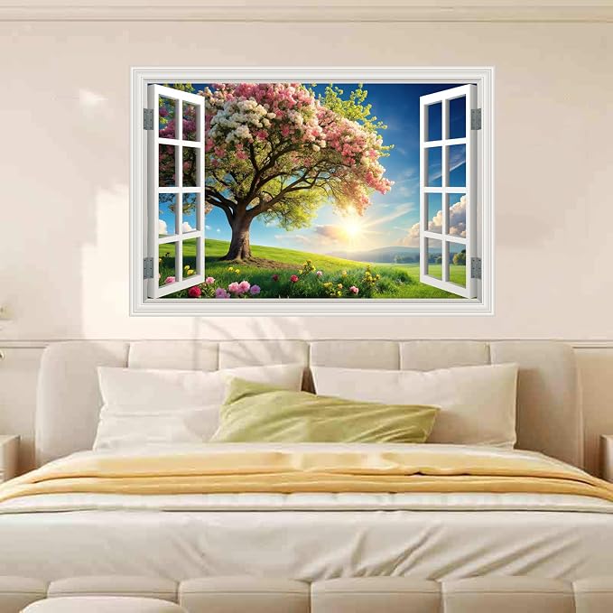 Natural Scenery Landscape Spring Green Flower Tree Scene Art Poster Fake Window Wall Mural Faux Window Wall Sticker for Office Home Room Decor, Peel and Stick Wall Decals 48" x 66" Set of 4 Sheets - Image 3