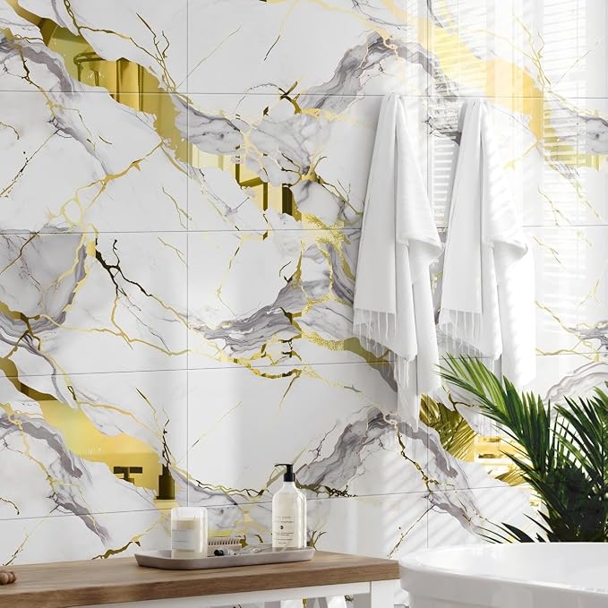 10pcs Thick Marble Peel and Stick Waterproof Wall Panels,Heat-Resistant Backsplash Tile, 23.6"x11.8" PVC Foam Wall Sticker for Kitchen,Living Rooms,TV Walls,White and Gold (Not Real Tile 19.4Sq. Ft.) - Image 3