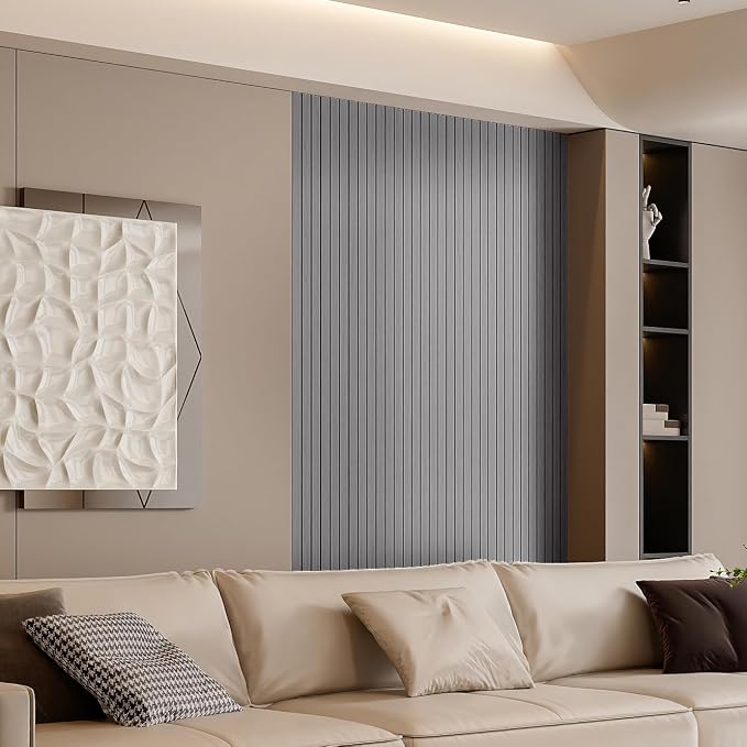 YLL YLL PVC Slat Wall Panel Peel and Stick 118"x 15.7" Faux Grey Wood Grain Slat Panel Self-Adhesive Wallpaper Soundproof 3D Wall Panels - Image 3