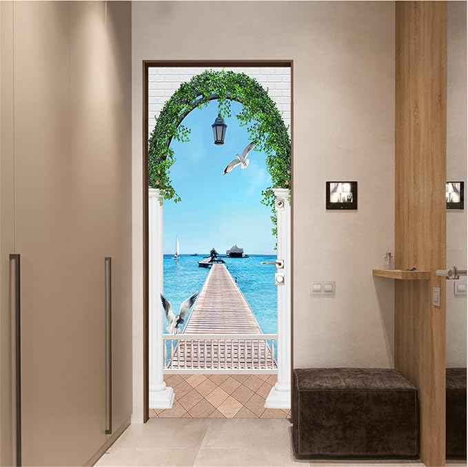 artfanke 3D Door Sticker Peel and Stick 33.5"x84.6"- Self-Adhesive Door Murals Wallpaper - Arched Seagulls Bridge Seascape Wall Decal for Bedroom Decor (2 Sheets/Set) - Image 3