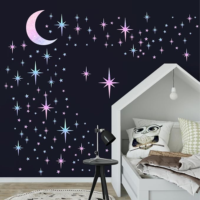 Retro Star Wall Decals Sparkle Wall Decor Stickers Rainbow Stars Moon Decal | Rainbow star room decor, peel and stick, removable vinyl art murals wallpaper, for ceiling baby kids girl bedroom living room - Image 6