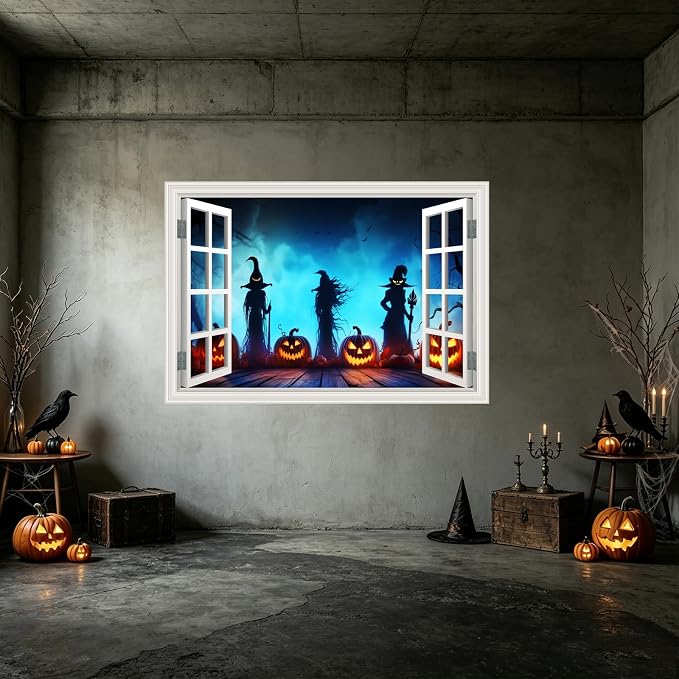Halloween Fake Window Wall Decals Creepy Three Witches Pumpkin Art Sticker | ｜Faux Window Terror Spooky Ghosts Landscape Mural ｜ Stick and Peel Wall Decal｜for Halloween Room Scene Picture Decor｜24"x16" - Image 6