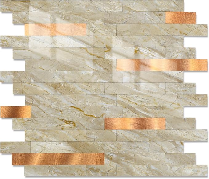 Yipscazo 20 Sheets Peel and Stick Stone Metal Tile Backsplash, Stick on Tiles for Backsplash Kitchen, Bathroom, Laundry Room, Camper, Fireplace (12'' X 12'', Polished Beige) by Yipscazo