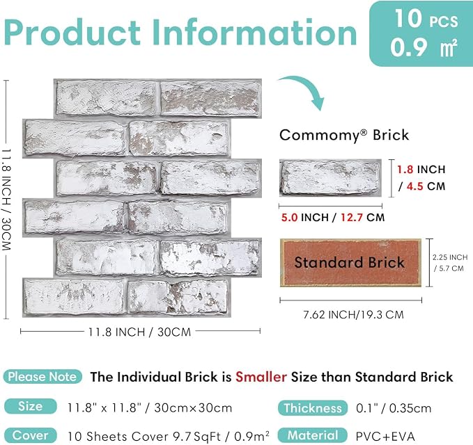 Commomy 10 Pcs Peel and Stick Brick Tile Thin PVC 10 pcs 11.8"x 11.8" | Small Size 3D Faux Brick Wall Panels Printable Fake Brick Wallpaper for Bedroom,Kitchen (Covers 9.7 sq.ft) - Image 5