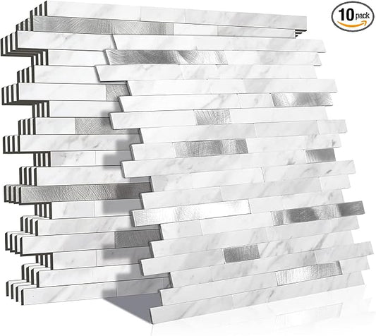 KASARO Peel and Stick Marble Backsplash Tile, 10 Sheets, White Marble with Silver Embellished Stripes, Self-Adhesive Wall Tile for Kitchen, Bathroom, Fireplace, RV (11.4” x 10.6”) by KASARO