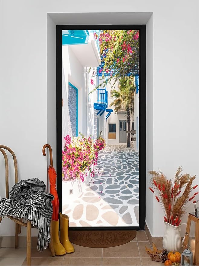 artfanke 3D Peel and Stick Door Sticker 33.5"x84.6"- Self-Adhesive Door Wallpaper Murals Decal-Romance Greek Street View Wall Poster for Home Decor (2 Sheets/Set) by artfanke
