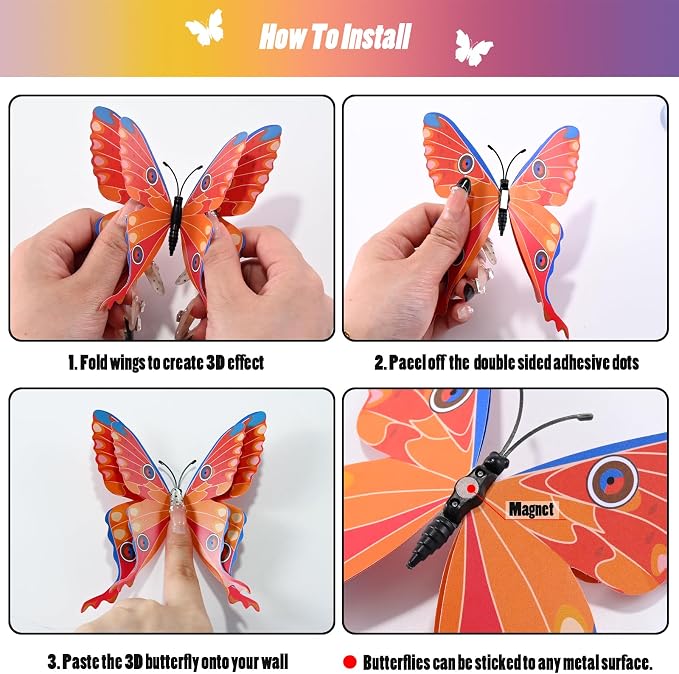 SAOROPEB 3D Butterfly Wall Decor, 24 Pcs Boho Butterfly Decorations | Double Layer for Party Decorations Locker Decor Refrigerator Decal, Reusable - Image 7