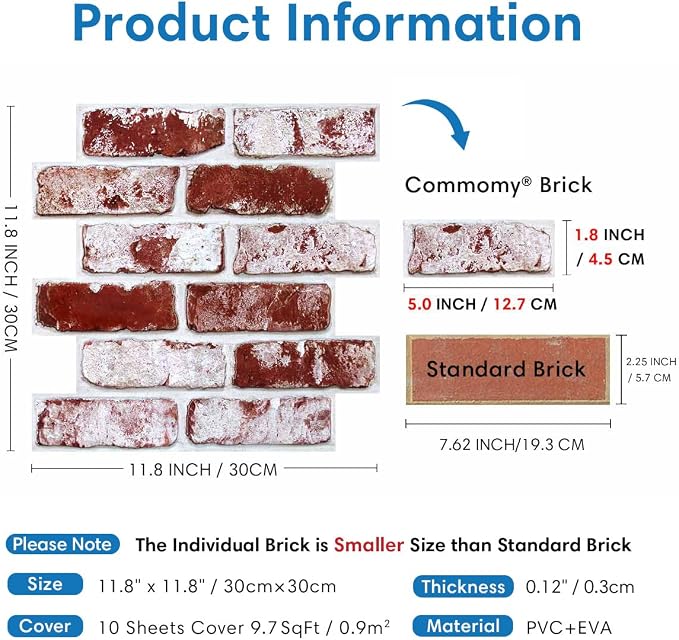 COMSTICKC 3D Faux Brick Wall Panels Peel and Stick, 10 Pcs 11.8" x 11.8" | Whitewash Red, Not Real Brick, Small Size, Ultra-Light Thin PVC, Fake Brick Decorative Tiles for DIY Decor, Cover 9.7 sq ft - Image 3