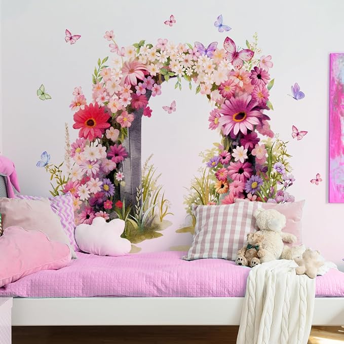 Floral Arch Wall Decal - Romantic Garden Arch Wall Stickers with Pink Flowers and Butterflies, Peel and Stick Removable Wall Mural for Bedroom, Living Room, Nursery, Girls Room Decor by Tulalo