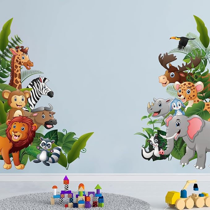 Supzone Jungle Animal Wall Stickers Cartoon Animal Wall Decal Elephant Monkey Giraffe Lion Wall Decor DIY Vinyl Mural Art for Kids Baby Nursery Bedroom Living Room Playroom - Image 3