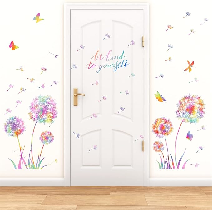 Large Dandelion Wall Decals Colorful Flower Art Stickers Peel and Sticks | wall stickers, floral dragonfly butterfly decor, removable vinyl, inspirational quotes, for kids girl bedroom living room - Image 6