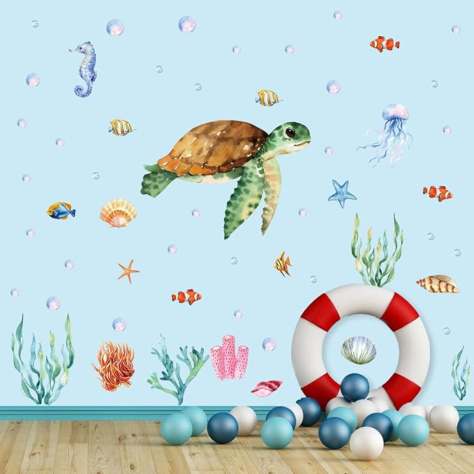 Large Summer Ocean Window Clings Decals, Watercolor Sea Turtle Jellyfish Bubbles Wall Stickers, Peel and Stick Ocean Anmial Wall Decor for Bedroom Bathroom Window School Nursery Decoration - Image 6