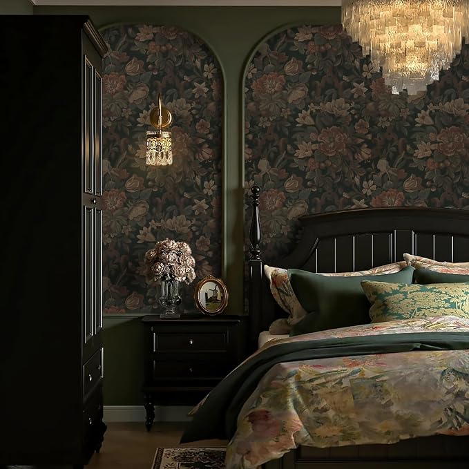 Dimoon Vintage Peel and Stick Wallpaper Dark Green Floral Wall Paper 16.1"x393" Retro Victorian Moody Wallpaper Renter Friendly Dark Floral Gothic Contact Paper for Bedroom Shelf Liner Vinyl Roll - Image 3