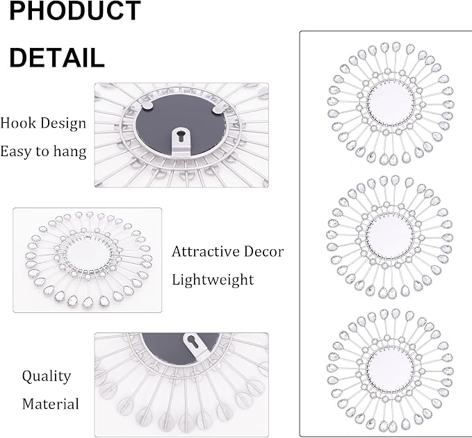 Silver Mirrors 3 Pce, 9 inchSunburst Indoor Mirror Hanging Wall Decorate - Image 2