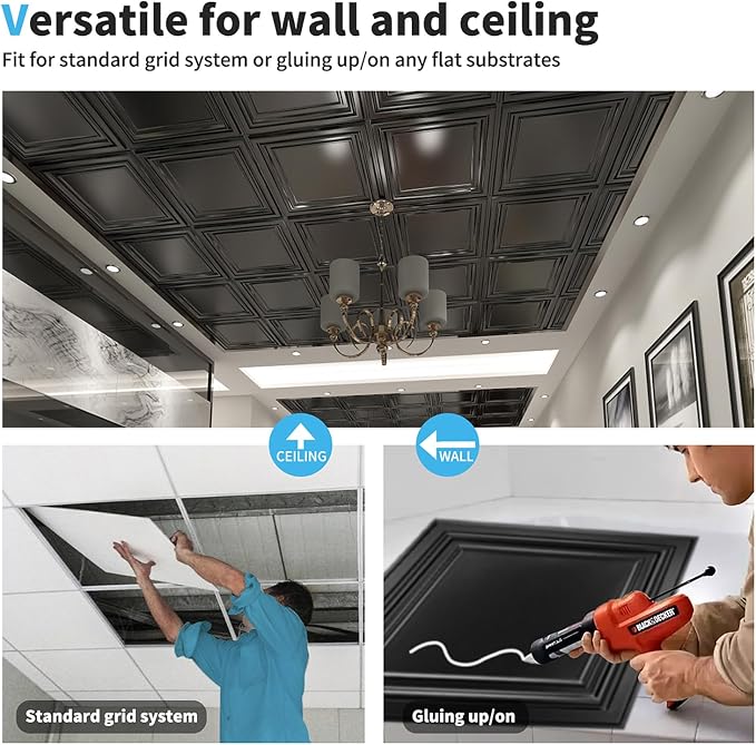 Art3d PVC Ceiling Tiles, 3D Plastic Sheet in Black, 2 x 2 ft, 24-Pack | Lightweight, Waterproof, No Sag and Breakage, Compatible with Grid System, Perfect for Basement, Kitchen - Image 6