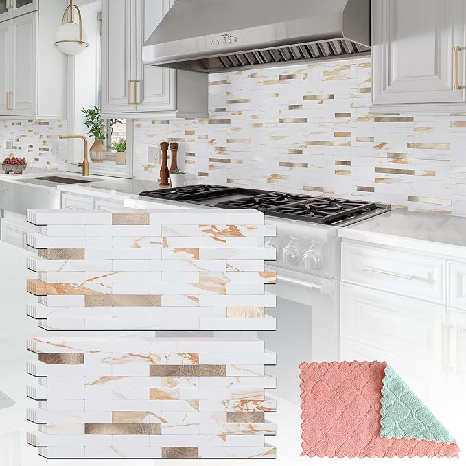 StyloVue 20 Sheets Peel and Stick Backsplash for Kitchen, 2026 Upgraded Calacatta Gold with Metal Glod Look Stick on Tile Upgrade Your Kitchen Backsplash, RV, Fireplace by StyloVue
