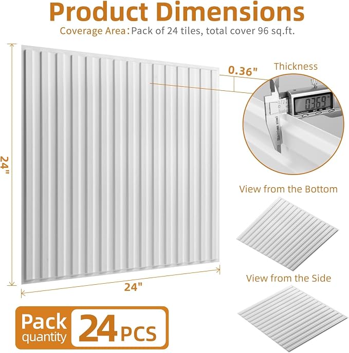 WOWSTAR 24-Pack 24"x24" Drop Ceiling Tiles, Waterproof Glue up PVC Ceiling Panels, Modern Style 3D Slat Wall Panels, White - Image 5