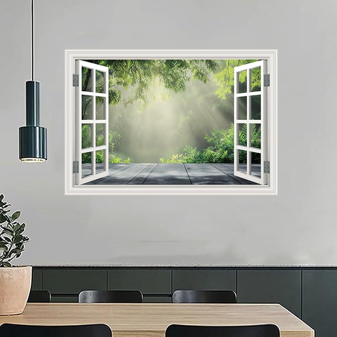 Fake Window Poster Wall Decal - Morning Green Forest Faux Window Wall Mural Prints for Wall Decor, Peel and Stick Wall Sticker, Spring Green Forest Tree Scene Wall Art Poster 24" x 16" - Image 3