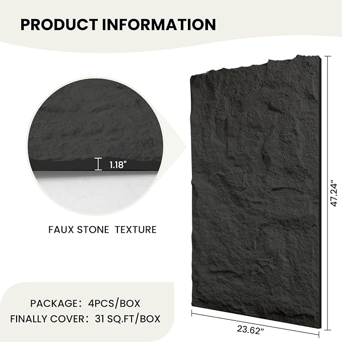 3D Faux Stone Wall Panels, 1.18" (30MM) Extra Thick PU Stone Panels for Interior Wall Decor, 4 Pack Waterproof Lightweight Cement Texture Accent Panels for Living Room, Office, 47.2" x 23.6", Black - Image 2