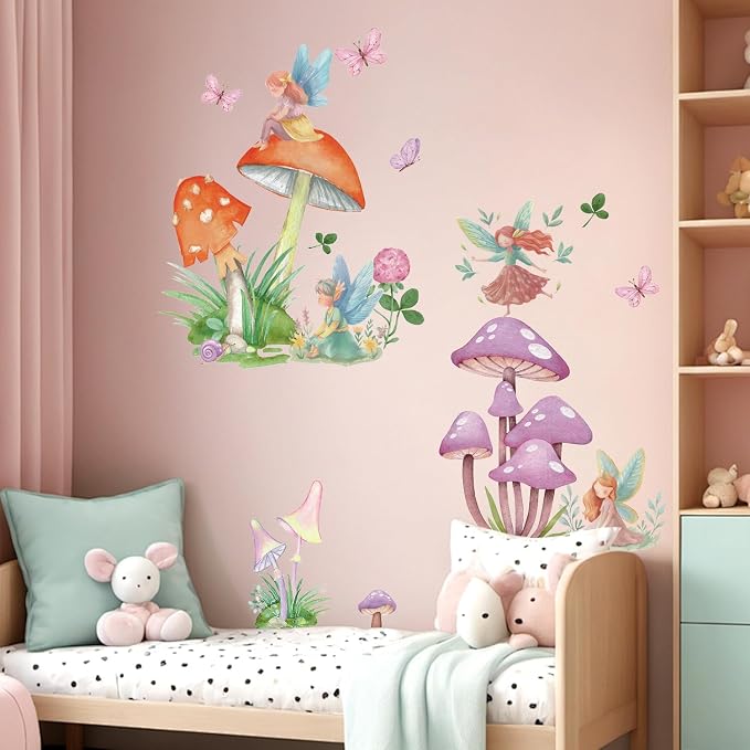 LHIUEM Girls Fairy Wall Decals Butterfly Wall Stickers 39pcs Flowers Wall Decal for Girls Room Removable Vinyl Decals Dacing Girl Mushroom Wallpaper Forest Fairy Girl Wall Sticker for Bedroom Nursery - Image 4