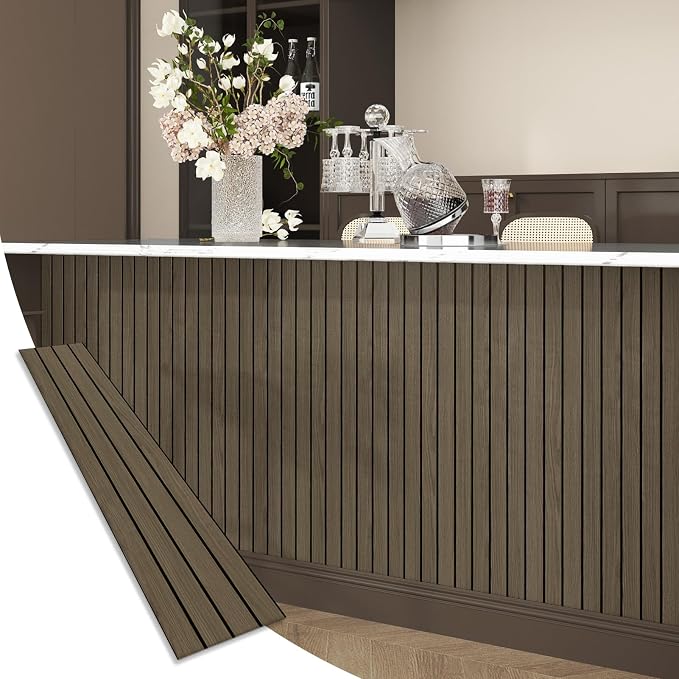 Dark Brown Wood Wall Panels Horizontal Wood Slat Contact Paper | Acoustic Slat Wall Paneling, 3D Acoustic Panels, Soundproof Foam Wallpaper for Bedroom, Bar Cabinet, Living Room, 11.8"x118" by Wallderful