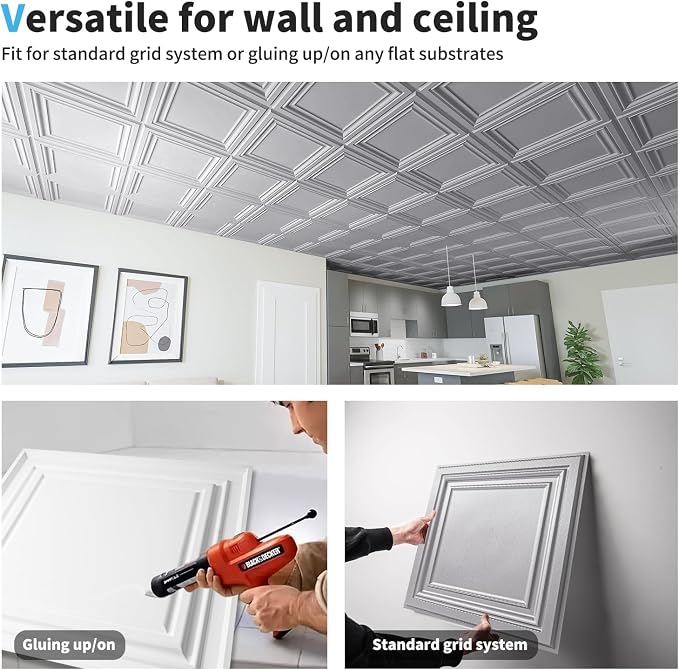 Art3d Paintable 3D Ceiling Tiles, 2 x 2 ft, 13-Pack, Argent Silver | Lightweight, Waterproof, No Sag and Breakage, Compatible with Grid System, Perfect for Basement, Kitchen - Image 7