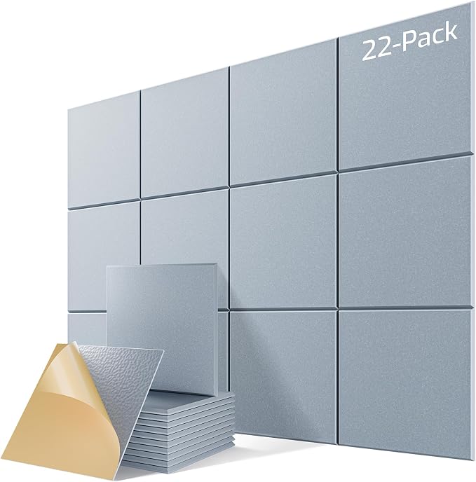 22 Pack Self-Adhesive Acoustic Panels, 12" X 12" X 0.4" High-Density Sound Proof Foam Panels for Walls, Soundproof Wall Panels for Home & Office (Smoke Gray) by Lebenforce