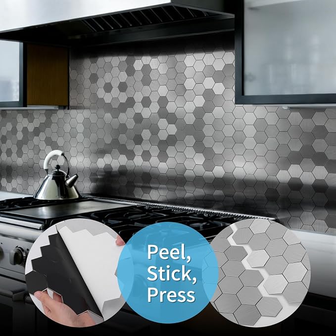 Art3d 10-Pack Metal Peel and Stick Backsplash Tile, Silver Hexagon | 12" x 12", Stainless Steel, Self Adhesive, Anti-Corrosion, Waterproof, Lightweight, Ideal for Kitchens, Bathrooms - Image 7