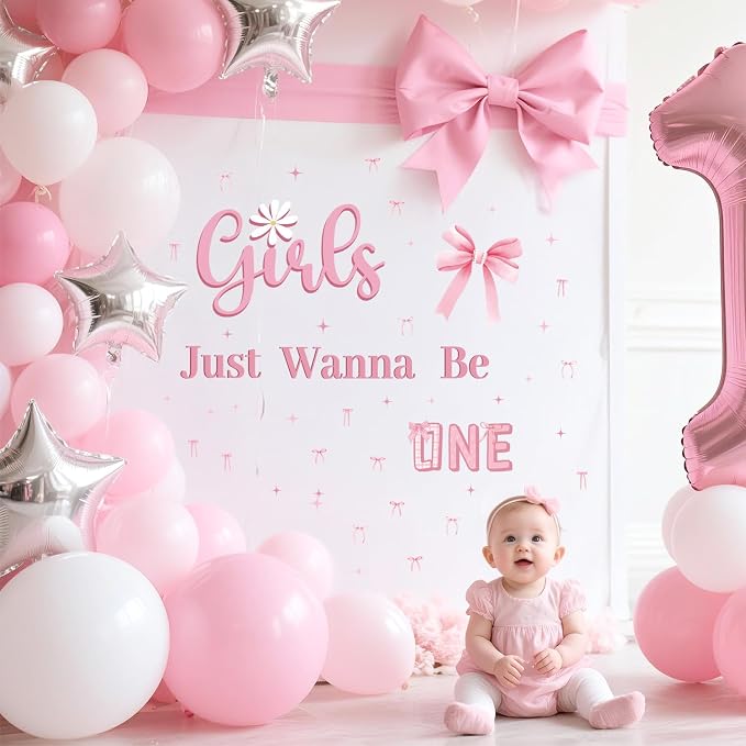 LHIUEM Pink Girls Just Wanna Be One First Birthday Decals Pink Bow Knot 1st Birthday Party Stickers for Girl Gift Birth Theme Girls Just Wanna Be One wall Decal Banner for Arch Baby Shower Backdrop - Image 2