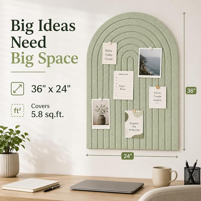 Large Arched Felt Bulletin Board, Sized 36" x 24" for Office & Wall Decor – 6 Customizable Adhesive Tiles with Pins are Perfect to Display Your Photos (Sage Green-A) - Image 2