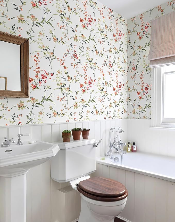 Floral Peel and Stick Wallpaper Self Adhesive Hydrangea Wall Paper French Country Cream Stick on Wallpaper for Bedroom Wall Decor Elegant Mural (Red, 196.85" X 17.4") - Image 4
