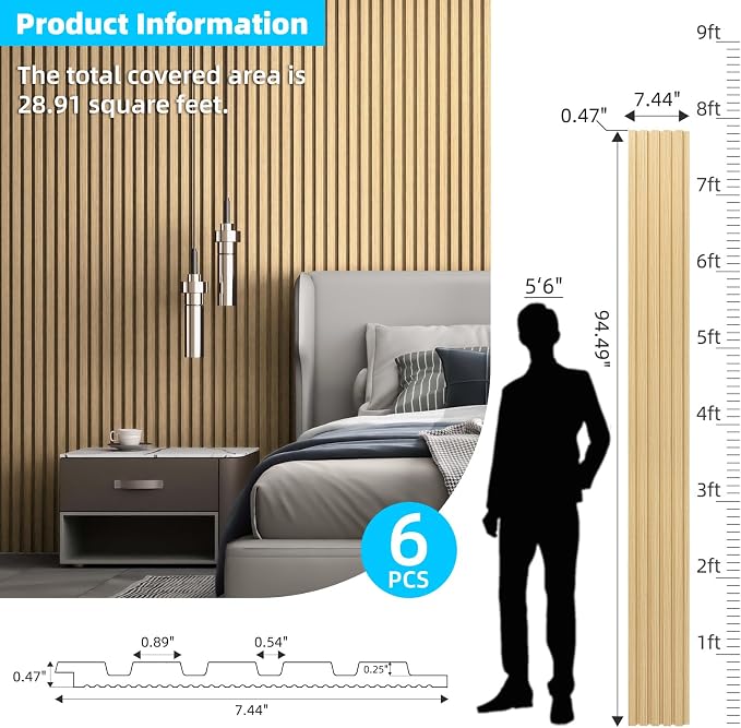 Art3d Wood Slat Wall Panels, Fluted MDF, 6-Pack, 94.6 x 7.4 in,Oak | 3D Textured Panels for Accent Walls, Ideal for Living rooms, Bedrooms, Offices, Entryways and Studios - Image 5