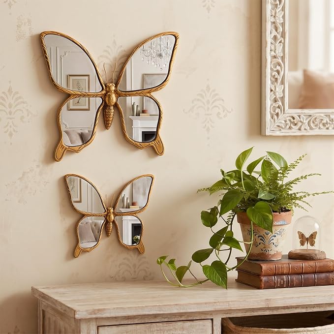 Fumete 2 Pcs Butterfly Mirror Wall Decor Vintage Gold Resin Insect Art Decorative Wall Mirror Retro Hanging Bug Animal Glass Mirrors Garden Nature Gift for Summer Wedding Home Accent Housewarming by Fumete