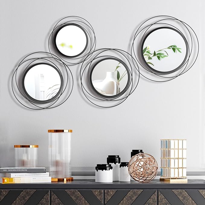 Hicarer 4 Pcs Decorative Round Modern Circle Mirror Wall Art Ring Metal Mirror Wall Mounted for Bedroom, Living Room, Entryway, Dining Room, Hallway (Black) by Hicarer
