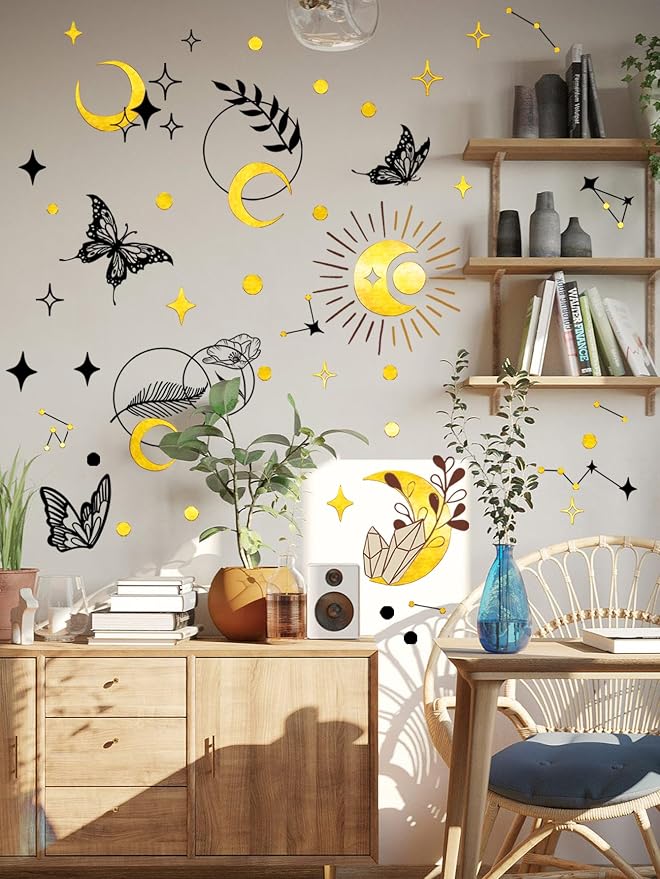 Boho Gold & Black Foil Wall Stickers - Celestial & Butterfly Wall Decor Peel and Stick Removable Art Decals Decorative for Living Room Bedroom,59.9 cm x 63.2 cm - Image 7