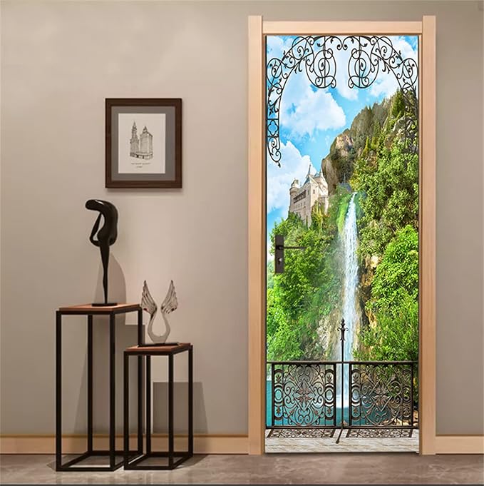 artfanke 3D Door Sticker Peel and Stick 30.3"x78.7" - Castle with Waterfall Self-Adhesive Door Murals Wallpaper Decal for Home Decor (2 Sheets/Set) - Image 5