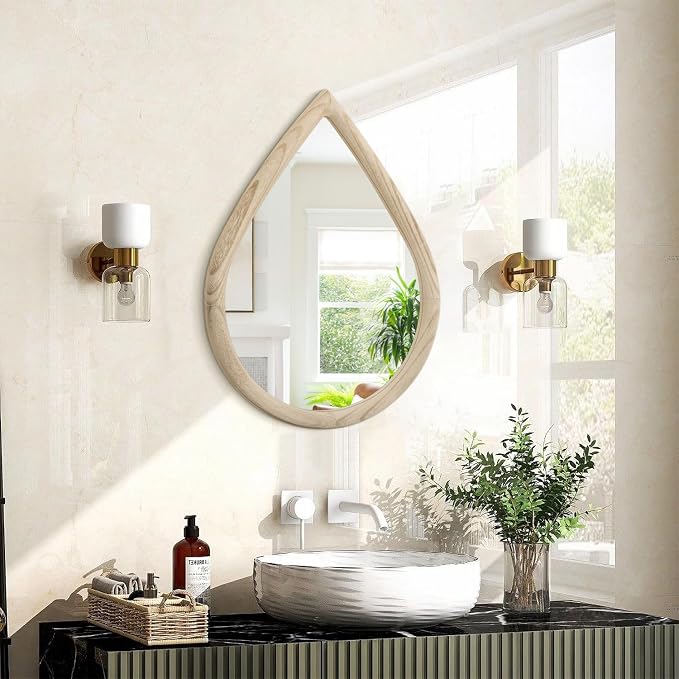 Teardrop Wall Mirror Small Natural Wood Framed Wall Hanging Mirror Irregular Mirrors for Wall Decorative Farmhouse Bedroom Bathroom Entryway Mirrors by FEUFOAM
