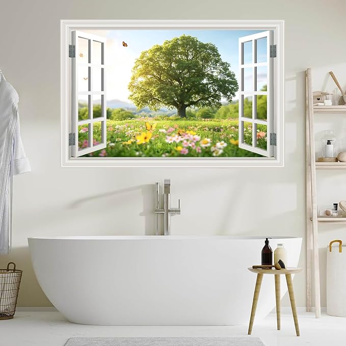 Large Murals 66"x48" Fake Window Wall Mural Sping Green Tree Grassland Flower Forest Faux Window Wall Cling Art Picture Office Poster Decals Decor, Stick and Peel Landscape Natural Scenery Scene - Image 8