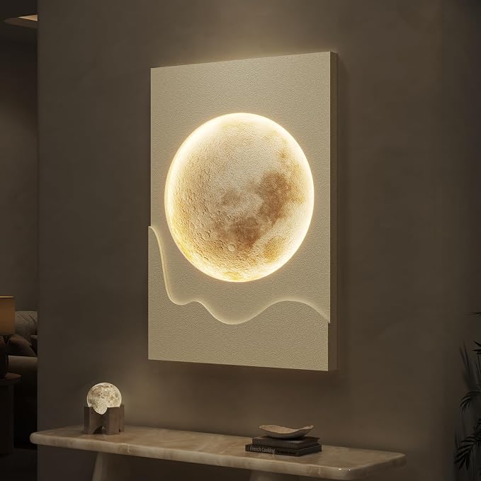 Cuspin Large White 3D LED Moon Wall Art, 24x36 In | Modern minimalist style, Warm lighted lunar, Cream tones textured design, For living room bedroom dining room hallway by Cuspin