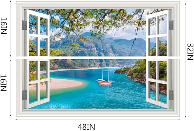 Fake Window Wall Decal- Beach Seascape Mountain Forest Open Wall Sticker | Faux Window Summer Natural Scenery Landscape Mural｜ Stick and Peel Decals｜for Home Office Scene Decor｜48"x32",Set of 2 Sheet - Image 2