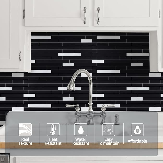 Yipscazo 10 Sheets Peel and Stick Stone Metal Tile Backsplash, Stick on Tiles for Backsplash Kitchen, Bathroom, Laundry Room, Camper, Fireplace (12'' X 12'', Polished Pure Black) - Image 3