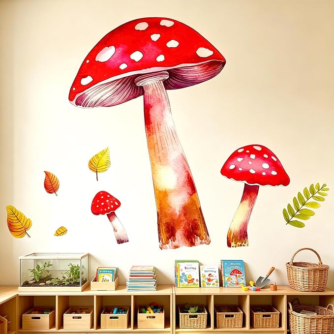 Red Mushroom Woodland Fall Leaves Nursery Wall Decals for Kids Room Decor | Boho watercolor peel and stick removable vinyl DIY wall decor sticker for kids nursery living room bedroom playroom classroom - Image 5