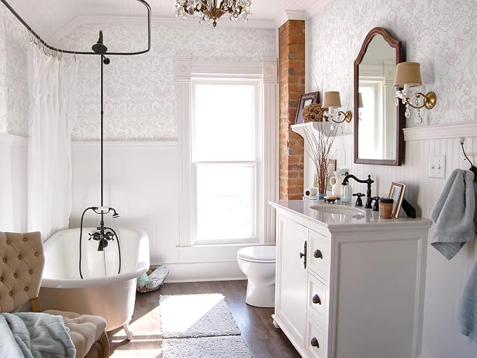 Peel and Stick Wallpaper for Bedroom Pink Damask Floral Self-Adhesive | 393"×17.3" White & Pink Vintage Scroll Removable Waterproof Vinyl Wall Decor for Bathroom, Nursery, Furniture Refinish - Image 7
