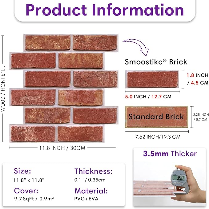 3D Peel and Stick Faux Brick Wall Panels 11.8" x 11.8" 10-Pack | Red, Small Brick-Look Textured Sticker, Thin Lightweight PVC Self Adhesive Wall Tiles for Interior Decor, Cover 9.7 sq ft - Image 3