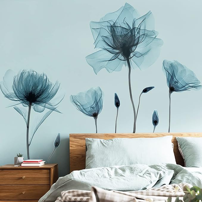 Blue Flower Wall Decals Peel and Stick Removable Decal Stick DIY Wall Stickers Murals Home for Bedroom Living Room Classroom Office by MACHOOSE