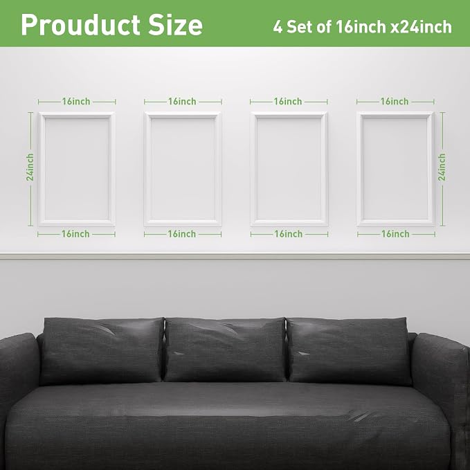 Peel and Stick Wall Molding, Pre Cut, Paintable, 4 Set 16" x 24" | Wainscoting panels,Ready to assemble,for Living dining bedroom hallways island,with adhesive tape,Lightweight,Waterproof - Image 2