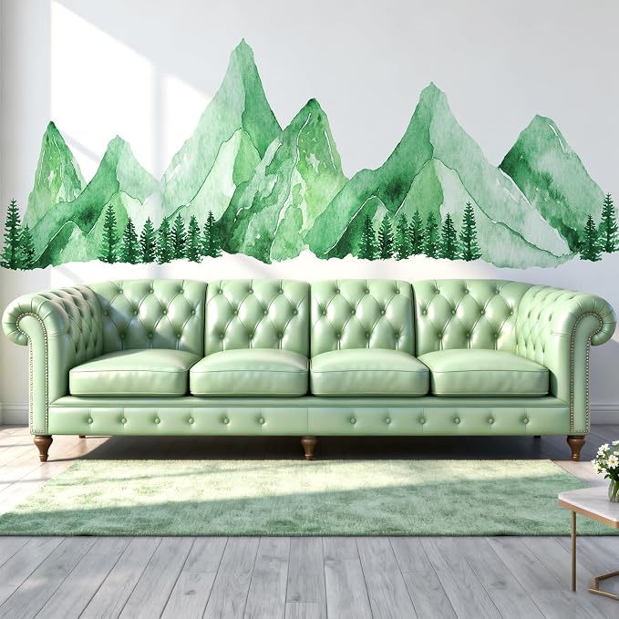 Green Watercolor Mountain Wall Decals Peel and Stick – Scenic Forest Range Mural Pine Trees, Boho Nature Landscape Vinyl Sticker for Bedroom, Nursery, Living Room – Removable DIY Wall Decor Art by Kingarch