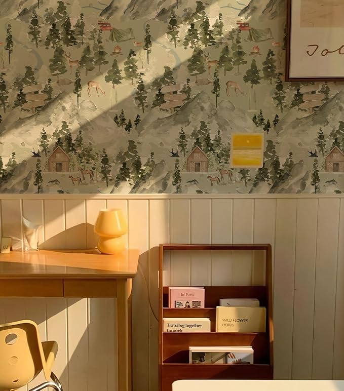 Wilderness Retreat Watercolor Wallpaper Peel and Stick Forest Mural Woodland Animals Alpine Landscape Mural Wall Decals for Bedroom Nursery 118" X 17.4" - Image 5